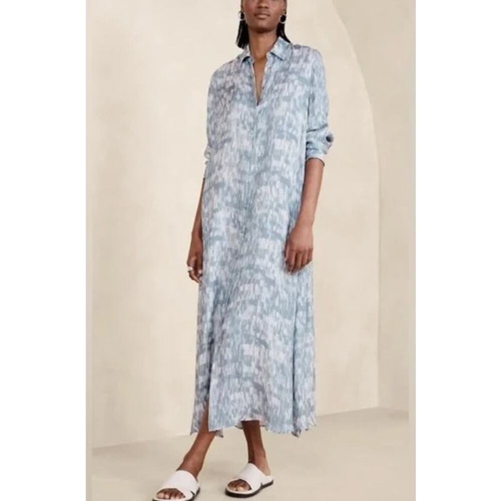 Banana Republic Alani Long Sleeve Maxi Printed Shirt Dress Blue XL / XXL